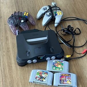 Nintendo 64 Console with Black and Gray Controllers